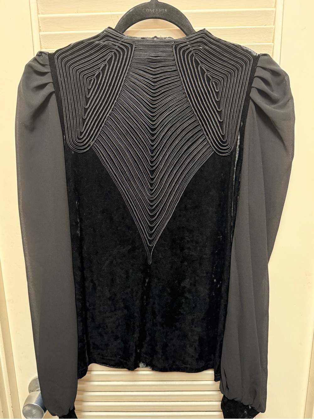 Gracia Black Velvet & Sheer Long-Sleeve Top with Sculpted Yoke